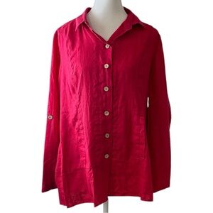 Soft Surroundings PM Red Linen Tunic Top Women Button Front Long Sleeve‎ Shirt